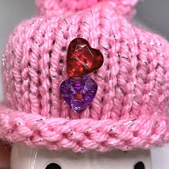Pink Marshmallow Mug Hat Knit Hearts Rhinestone Rae Dunn Tier Tray Decor Topper - Picture 6 of 6